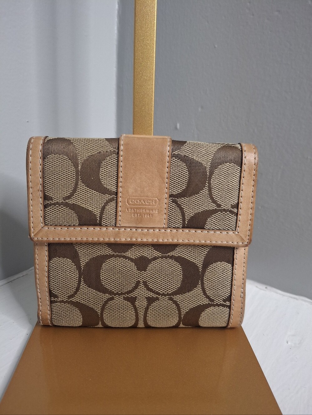 Coach Signature Jacquard Compact Trifold Wallet Khaki Tan